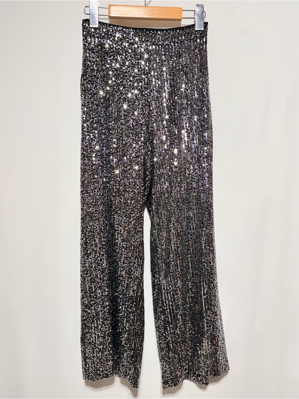 CODE X MODE Silver Sequin Wide Leg Pants XS High Rise Party Disco